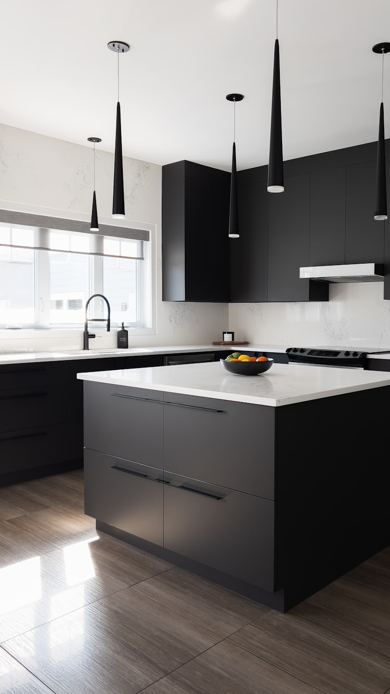 Dark units with a pale worktop