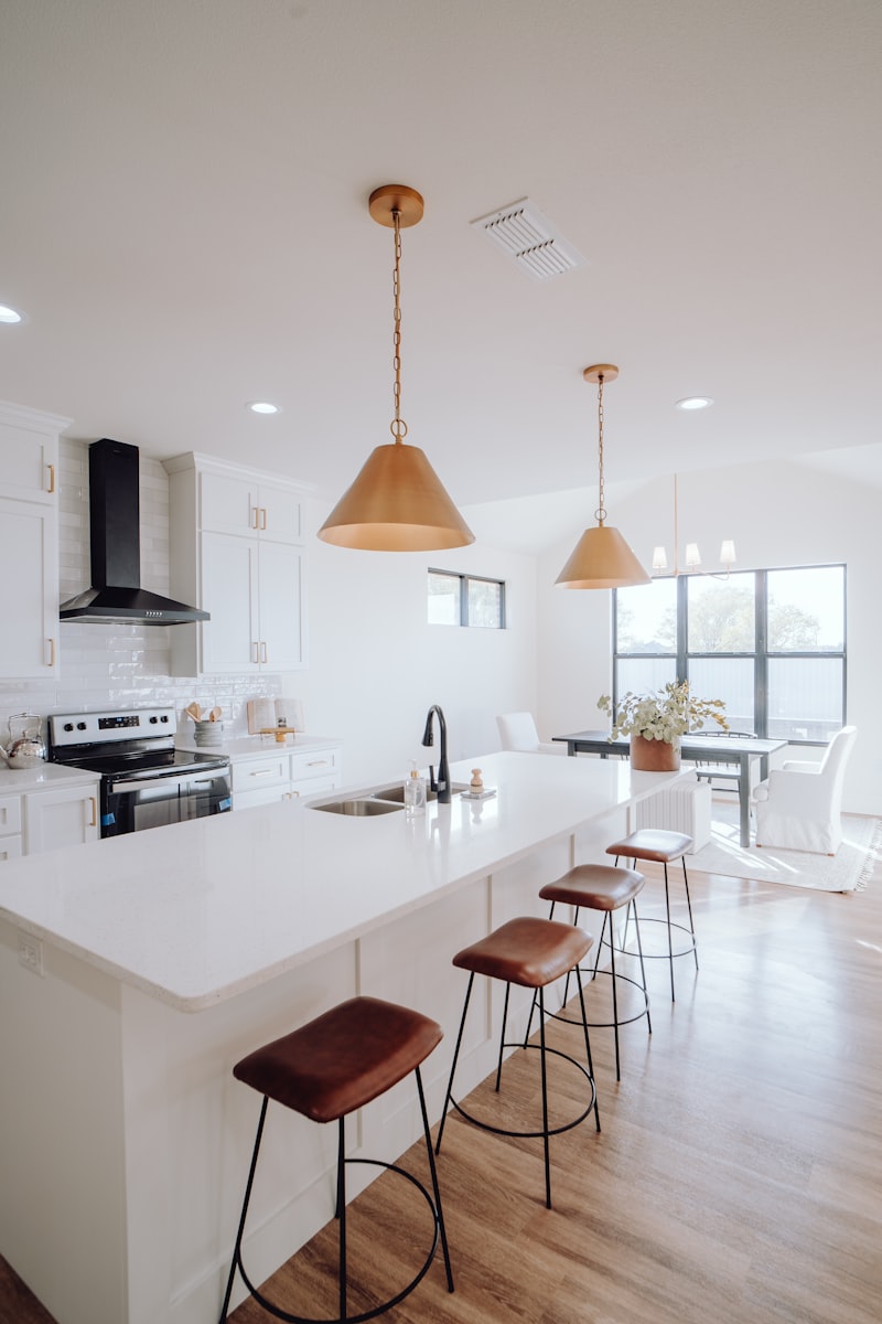 A kitchen island with seating